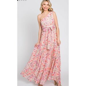 Pinkblush Big Hit Pink Floral Chiffon One Shoulder Maxi Dress Large